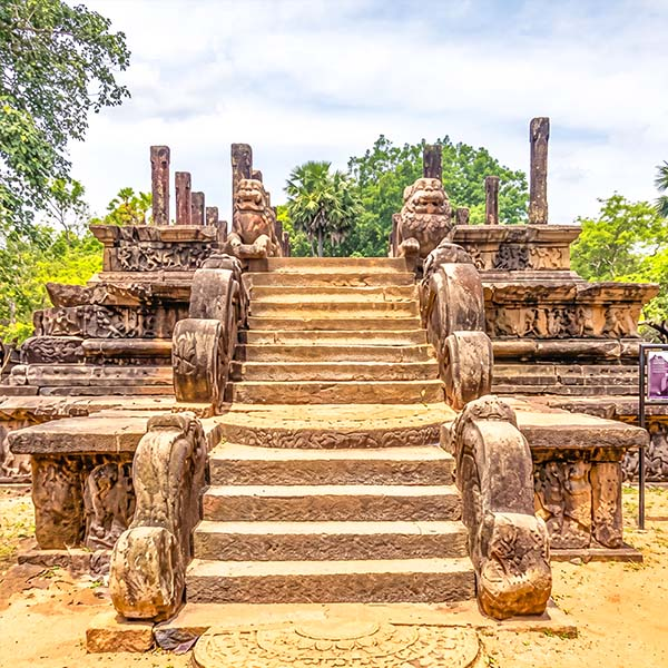 The unique, curving stone pillars of the Nissanka Latha Mandapaya ruins in the ancient city of Polonnaruwa