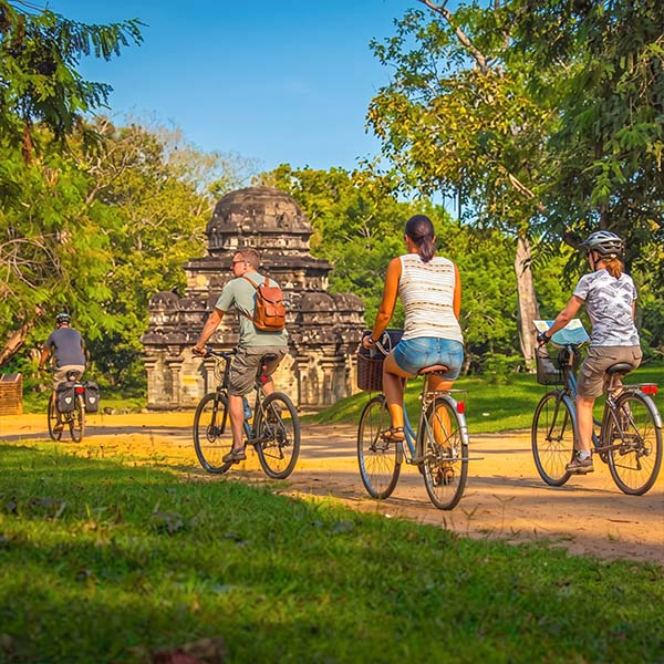 A group of tourists exploring the ancient brick ruins of Polonnaruwa on bicycles along a scenic dirt path.