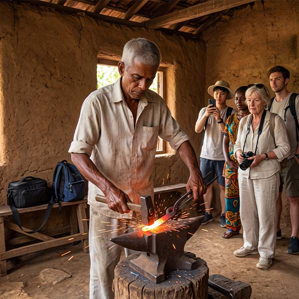 A traditional blacksmith shaping hot iron at a forge using
o Kandyan era techniques.