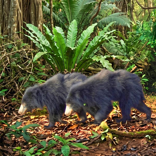 Two Sri Lankan sloth bears walking on a leaf-covered forest floor