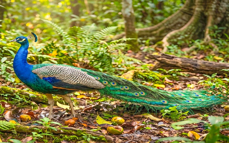 A vibrant male Indian peacock displaying its colorful tail feathers in the dry-zone forest of Wilpattu National Park.