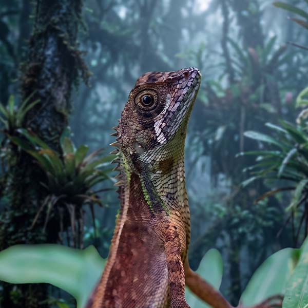 A close-up of an endemic Kangaroo Lizard perched on a plant stem in the Sinharaja Rain Forest.