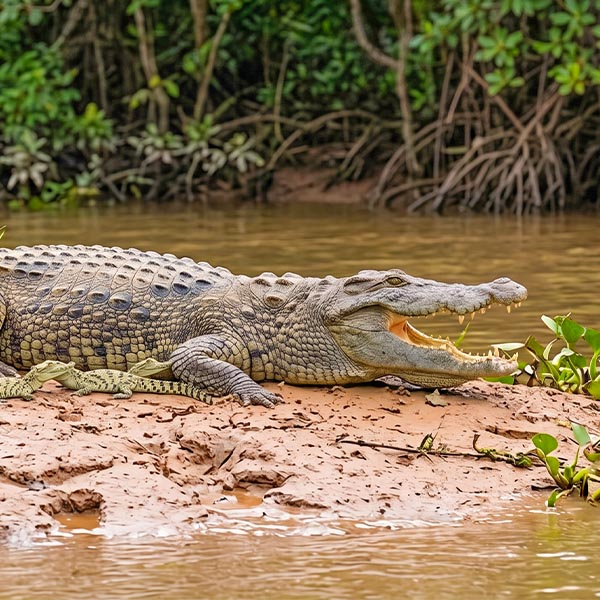A large mugger crocodile resting on a muddy riverbank during a Gal Oya safari.