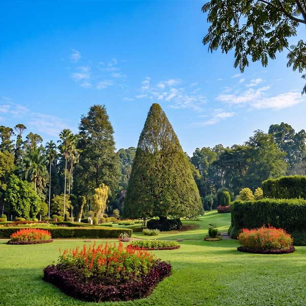 An aerial view of the layout and surrounding greenery of the Royal Botanical Gardens Peradeniya.