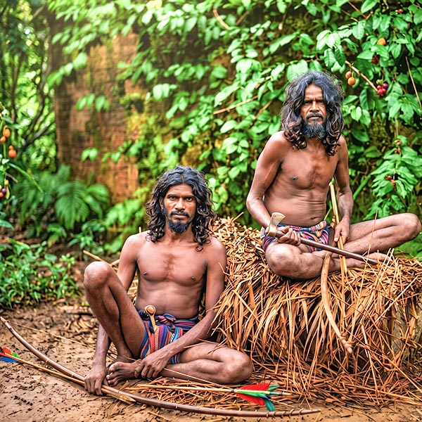 Two indigenous Vedda men in traditional attire holding a bow, arrow, and a small axe in the forest at Rathugala village near Gal Oya National Park.