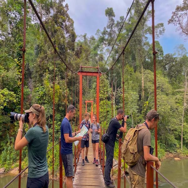 A group of hikers with cameras standing on a wooden suspension bridge over a river in the dense Sinharaja Rain Forest.