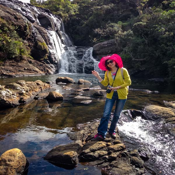 A close-up of the uneven, rocky terrain hikers must navigate near Baker's Falls