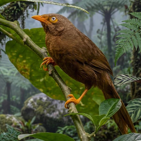 A close-up of an Orange-billed Babbler featuring its distinctive orange beak and eye-ring.