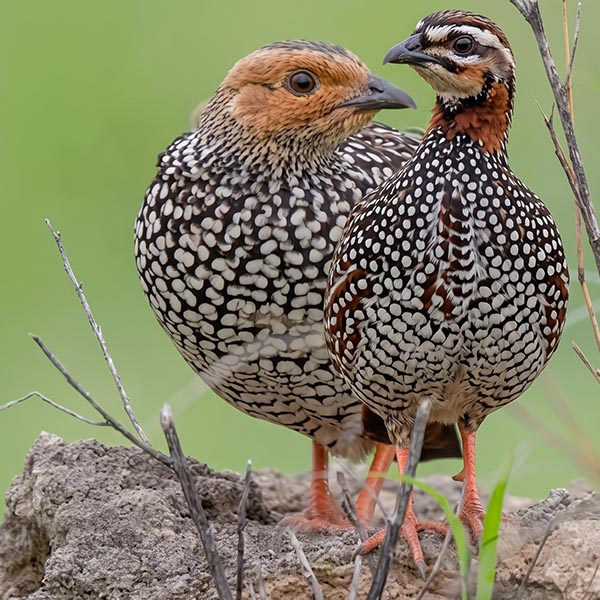 Two painted francolin birds standing in the grass in Gal Oya National Park.