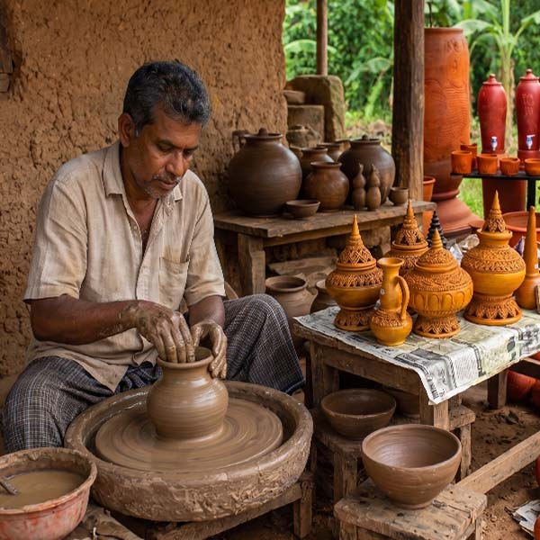 A local artisan in the village of Molagoda shaping a clay pot on a traditional wheel, surrounded by finished handmade Sri Lankan pottery.