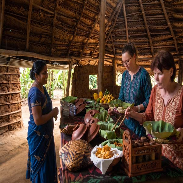 local Sri Lankan woman smiling while teaching two tourists in an authentic village kitchen with traditional clay pots and fresh ingredients during a culinary class.