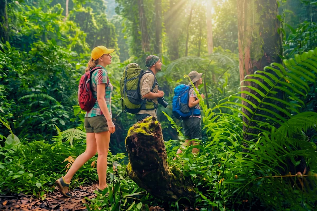 A group of hikers walking along a lush, green dirt trail in the Sinharaja Rain Forest.