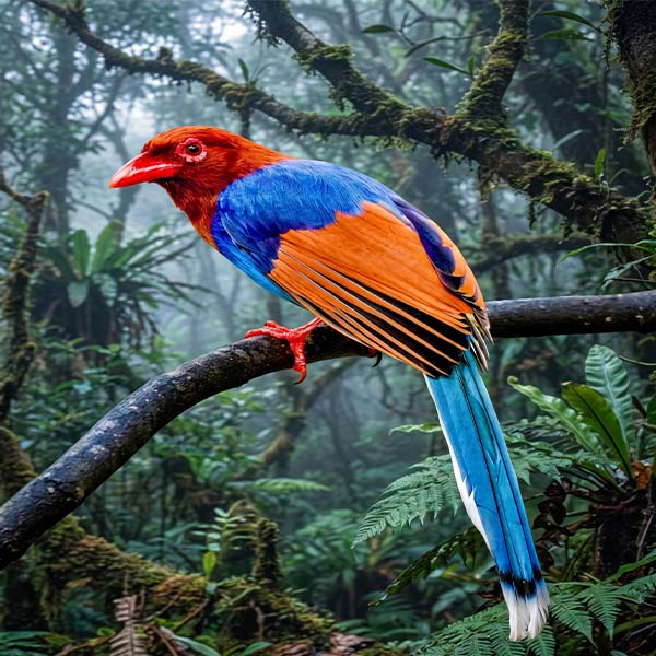 A brightly colored Sri Lanka Blue Magpie featuring a red bill, cobalt blue body, and chestnut wings resting in the Sinharaja Rain Forest