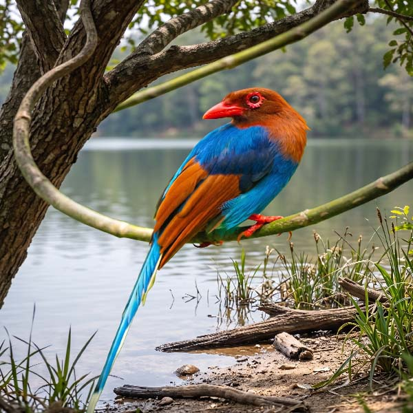 A colorful Sri Lankan kingfisher perched quietly on a small branch near wetlands.