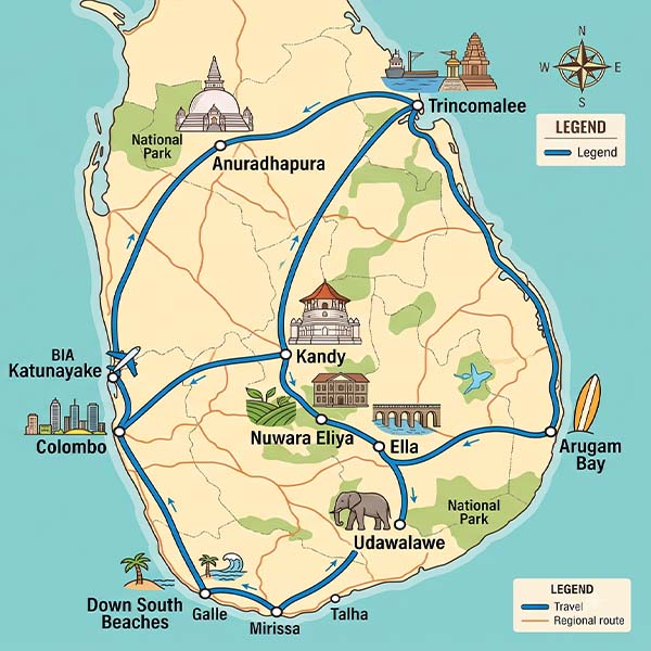 An illustrated map of Sri Lanka titled 'Circuit Itinerary'. It features blue lines connecting major tourist destinations, including the Colombo airport, Sigiriya, Kandy, Nuwara Eliya, Ella, Udawalawe National Park, Arugam Bay, and the southern beaches of Galle and Mirissa.