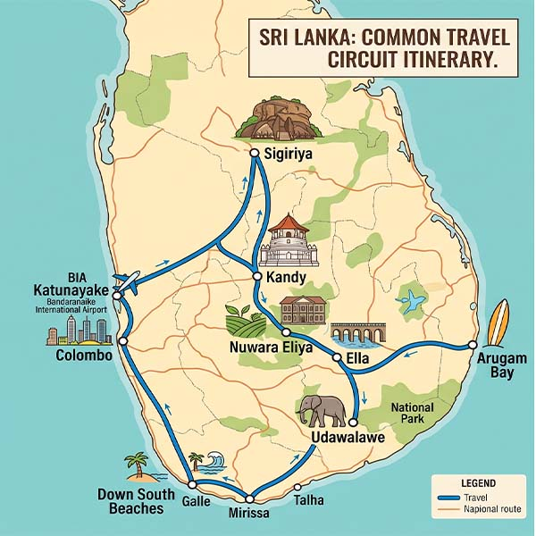 An illustrated travel circuit map of Sri Lanka highlighting popular routes from Colombo down through the hill country and along the southern coast.