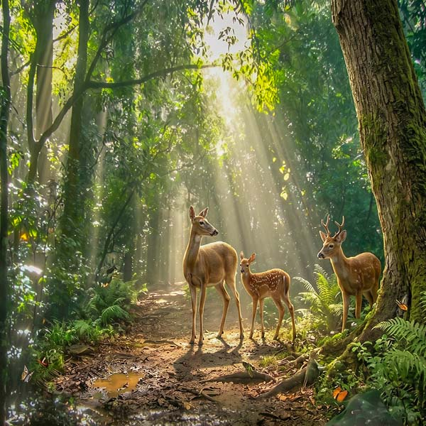 Spotted Deer Several deer standing together in a sunlit, forested glade