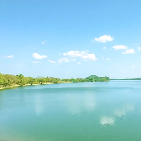 A calm lake -kalawewa under a partly cloudy sky with distant green hills on the opposite shore.