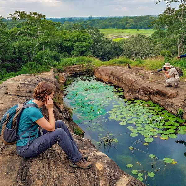 A tourist sitting on a rocky ledge with a backpack, taking photos of a lily pond surrounded by lush green foliage.