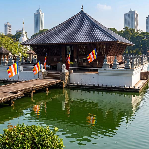 Seema Malaka meditation hall resting on stilts over Beira Lake in Colombo during a city tour