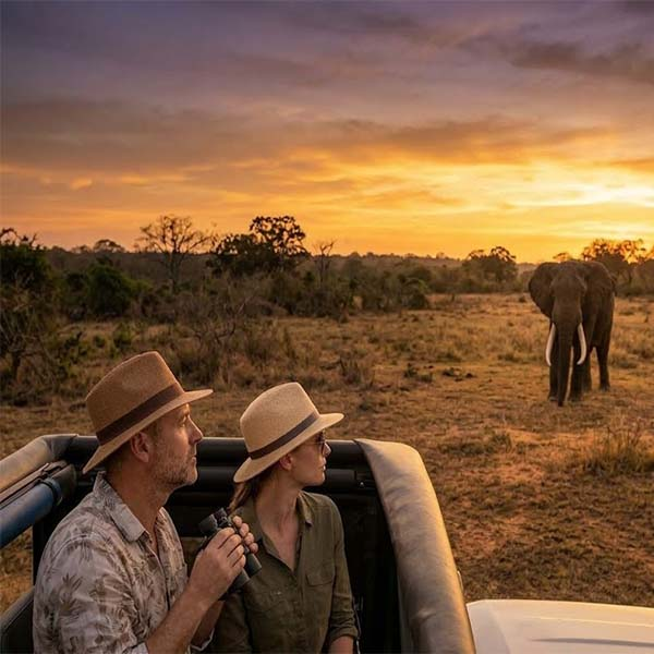 A couple looks on from an open safari vehicle as a lone elephant walks across a golden-lit plain in Yala National Park during sunset.