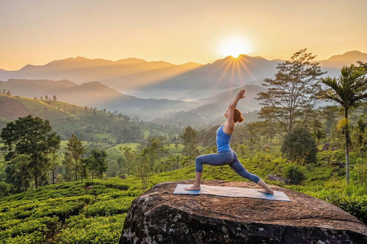 Traveler practicing yoga on a mat laid out on a large rock amidst the lush green tea plantations of Sri Lanka's hill country.