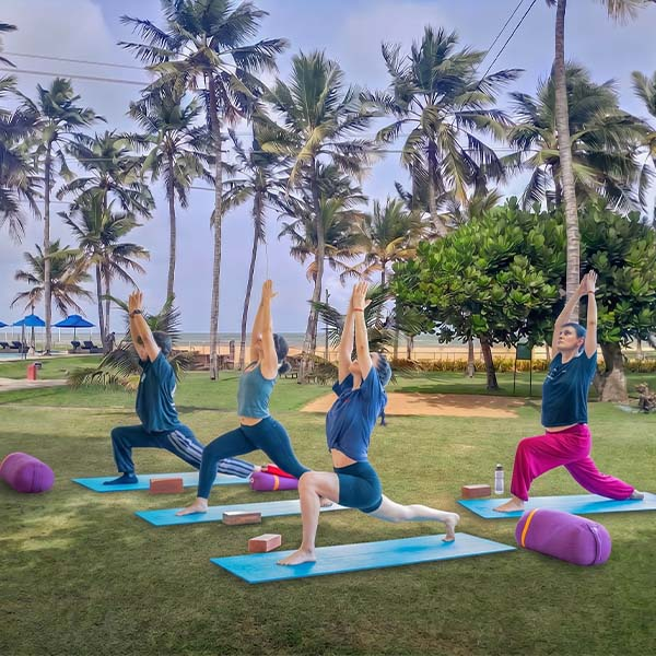 Group practicing a Warrior pose (Virabhadrasana) on blue yoga mats on a tropical lawn facing the ocean in Sri Lanka.