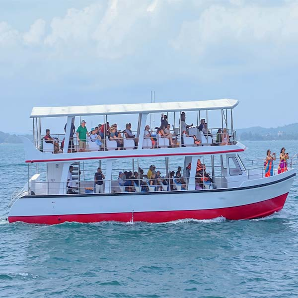 Tourists onboard a whale-watching boat navigating the blue ocean waves off the coast of Mirissa in Sri Lanka.