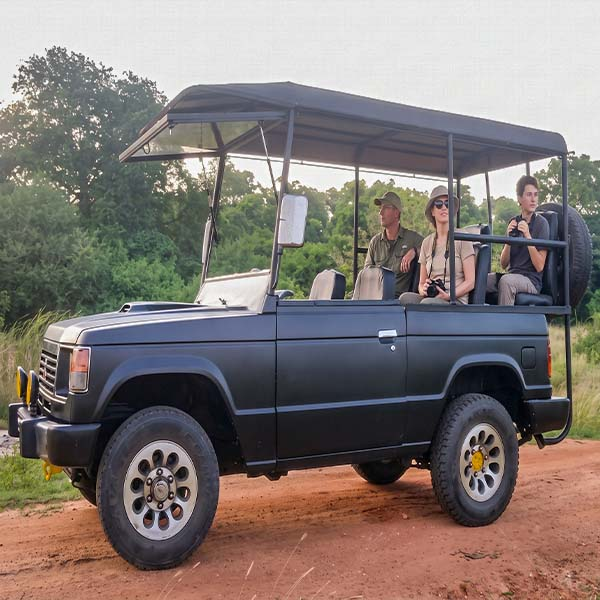 Safari vehicle parked on a dusty dirt road